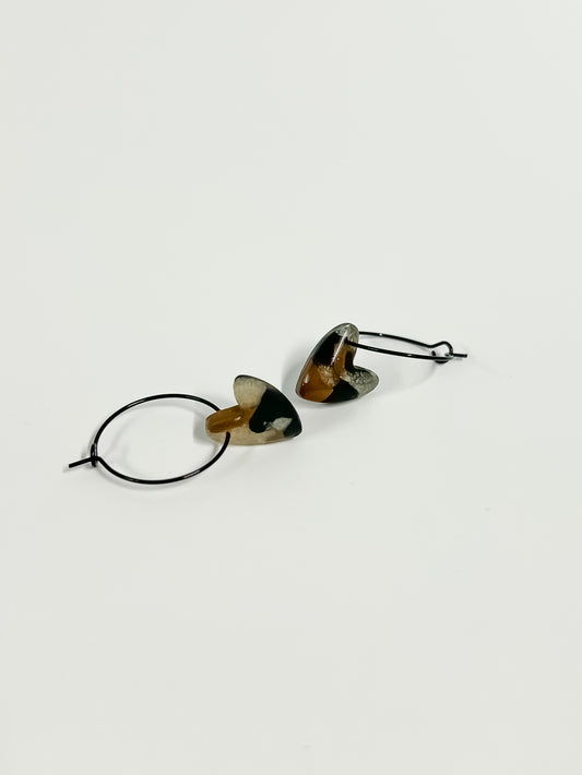 Heart Hoop Earrings - Tortoiseshell Look With Resin Coating - Black Hardware