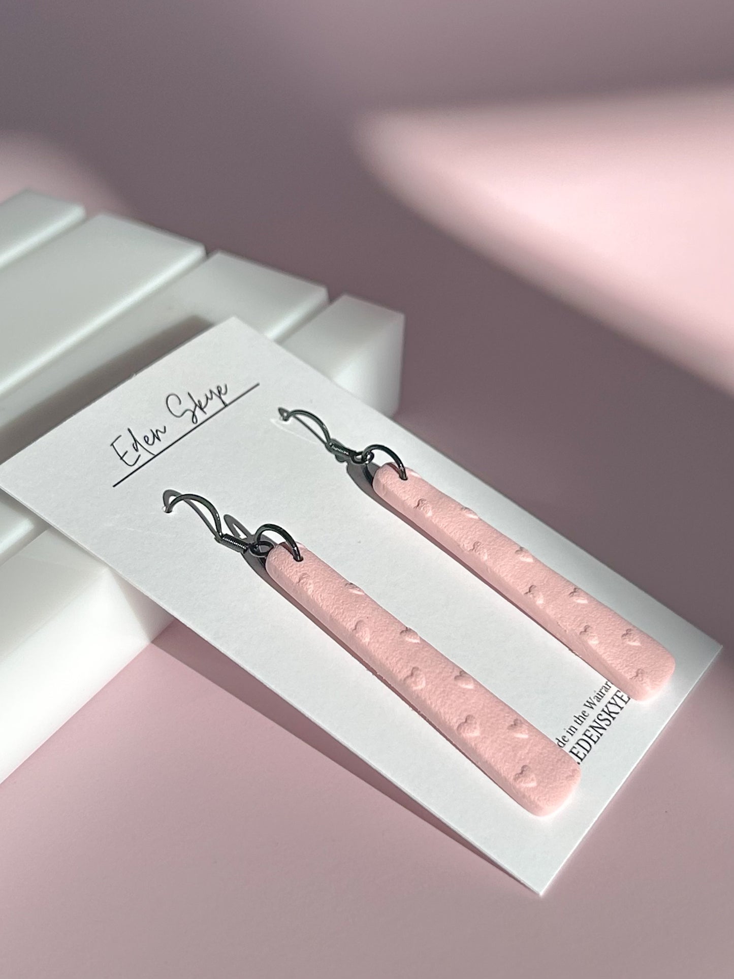 Geo Dangle Earrings - Pink Heart Pattern