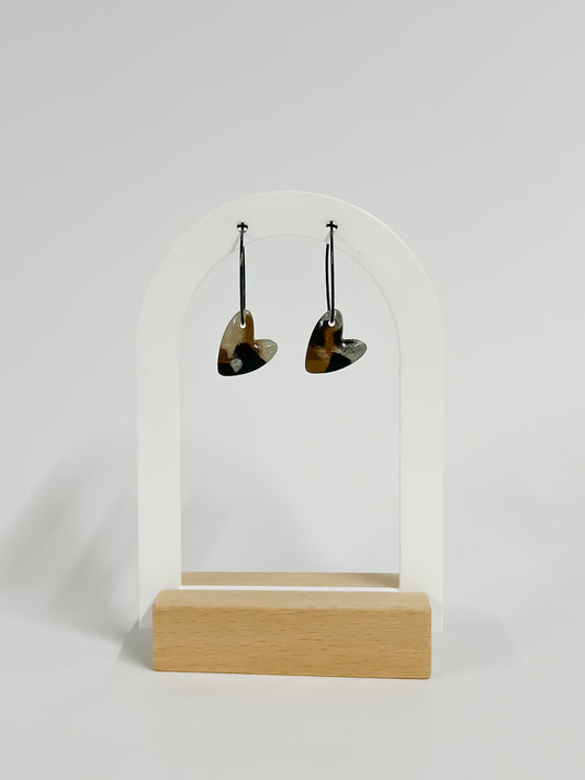 Heart Hoop Earrings - Tortoiseshell Look With Resin Coating - Black Hardware