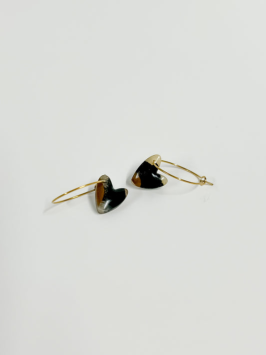 Heart Hoop Earrings - Tortoiseshell Look With Resin Coating - Gold Hardware