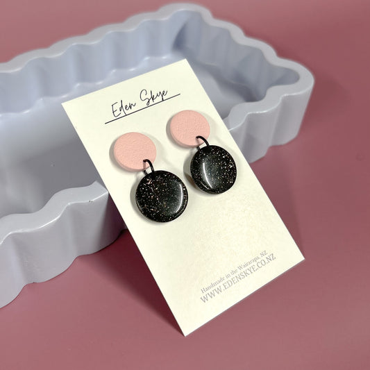 Black Glitter Resin Midi Earrings with Pink Textured Top