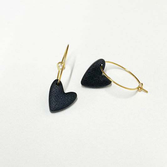 Heart Hoop Earrings - Black Texture with Gold