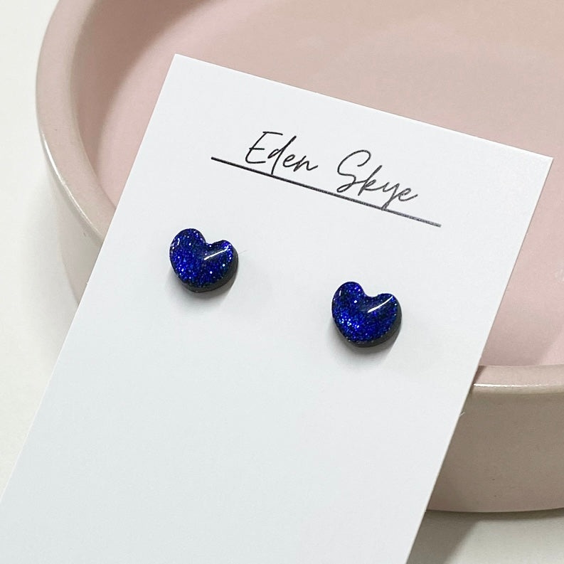 Kids Heart Black/Blue Glitter Studs